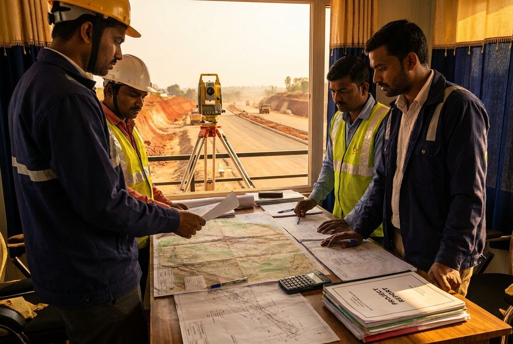 Engineers preparing a detailed project report in a Karnataka site office