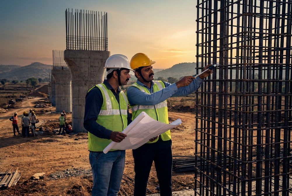 Structural engineers inspecting a bridge under construction in Karnataka