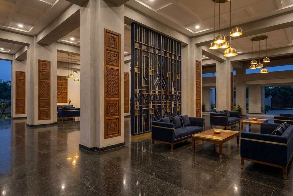 Modern South-Indian building interior with granite and brass detailing