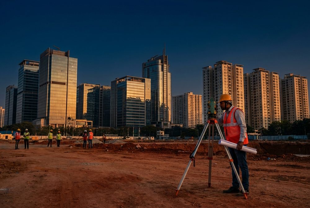 Land surveyor on a development plot before the Bangalore skyline